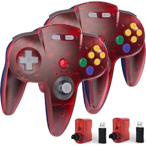 Kiwitata 2 Pack Wireless N64 Controller لألعاب Switch ، 2.4 جيجا هرتز اللاسلكي اللاسلكي N64 وحدة التحكم في لعبة التحكم متوافقة مع Raspberry PI ، N64 ، Mac ، PC Windows 7،10،11 Clear Red