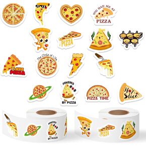Haooryx 1000pcs Cartoon Pizza Sticker Rolls, 16 Designs Cute Pizza with Happy Face Self-Adhesive Sticker Decals, Cheesy Pizza Slice Sticker for Kid’s Birthday Party Waterbottle Laptop Decor