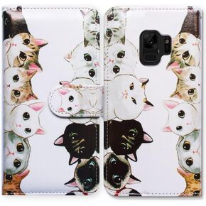 Case for Galaxy S9, White Black Cute Cats Flip Leather Case Cover with Credit Card Slot ID Card Holder Kickstand for Samsung Galaxy S9