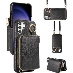 Wallet Case for Samsung Galaxy S25 Ultra 5G with Shoulder Strap Ring Buckle, Luxury PU Leather Zipper Flip Organ Purse, Credit Card Holder Stand Phone Cover for S25Ultra 25S S 25 25Ultra Black