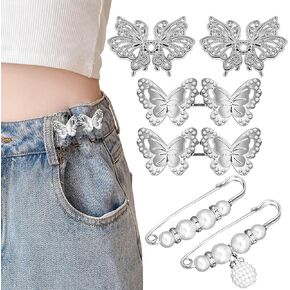 6Piece Pant Waist Tightener, Butterfly & Pearl Style Trouser Clip Waist Tightener, Waist Clip Pins Reusable for Loose Jeans Waist Clip No Sewing Required Decorative Accessories No Tools Required