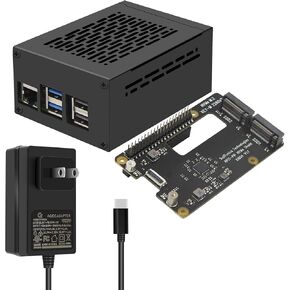 Geekworm X1004 PCIe to Dual M.2 HAT NVMe 2280 SSD PCIe Peripheral Board+Metal Case+PD 27W Power Adapter for Raspberry Pi 5