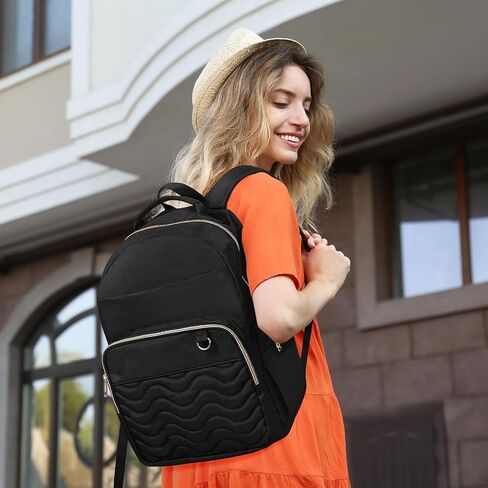 Travel Laptop Backpack for women, Work Backpack Woman with USB Charging Port, Water Resistant College Backpack, Stylish Quilted Girls Back Pack Casual Daypack for 15.6 Inch Laptop, Black in Saudi Arabia