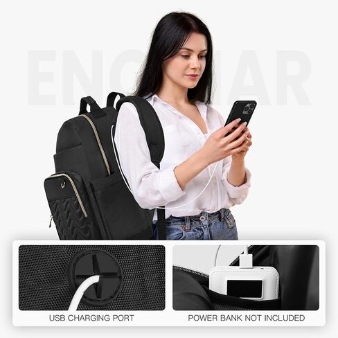 Travel Laptop Backpack for women, Work Backpack Woman with USB Charging Port, Water Resistant College Backpack, Stylish Quilted Girls Back Pack Casual Daypack for 15.6 Inch Laptop, Black in Saudi Arabia