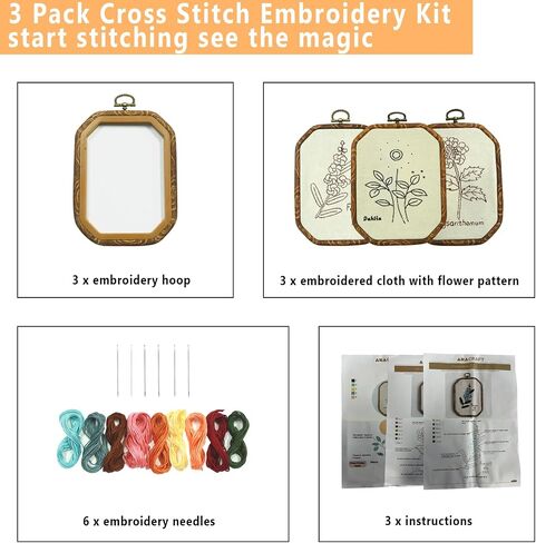 GOGLAM 3 Pack Embroidery Starter Kit with Pattern, Stamped Cross Stitch Kits for Beginners, Hand Embroidery Kit for Beginners Adults with Embroidery Hoop and Instructions in Saudi Arabia