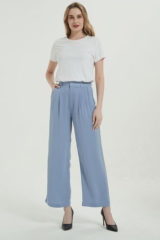 Tronjori Women High Waist Casual Straight Leg Long Dress Pants Wide Leg Trousers Regular Waistband in Kuwait