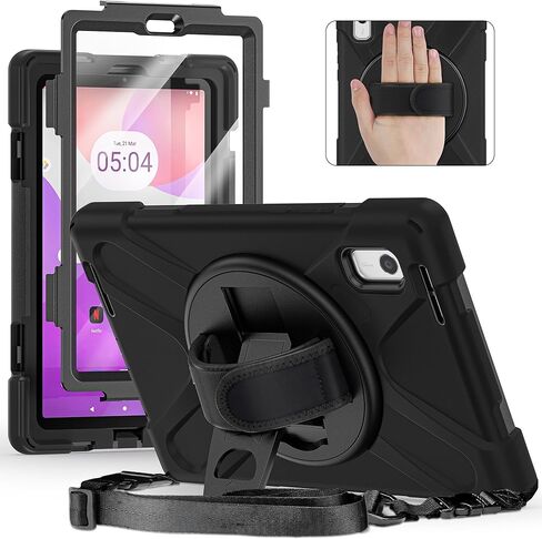 Junfire junfire frackproof case for Lenovo tab m10 3rd gen 10.1 inch 2022 ، حالة وعرة شديدة التحمل مع حزام يدوي/360 درجة حزام متداول/حزام الكتف لـ tb-326fu/tb-328xu ، أسود in Kuwait