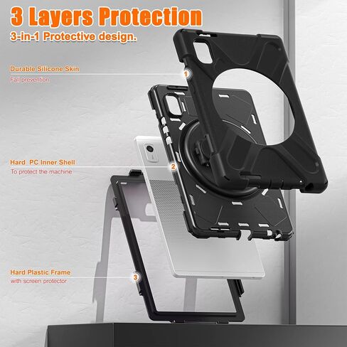 Junfire junfire frackproof case for Lenovo tab m10 3rd gen 10.1 inch 2022 ، حالة وعرة شديدة التحمل مع حزام يدوي/360 درجة حزام متداول/حزام الكتف لـ tb-326fu/tb-328xu ، أسود in Kuwait
