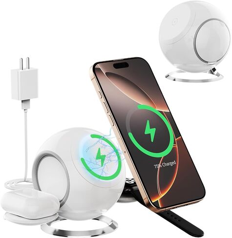 2025 3 في محطة شحن واحدة متوافقة مع MAG-Safe Charger iPhone الشحن اللاسلكي Stand 16 15 14 13 12 Series AirPods Wireless Charge Station IWATCH Series (White) in Saudi Arabia