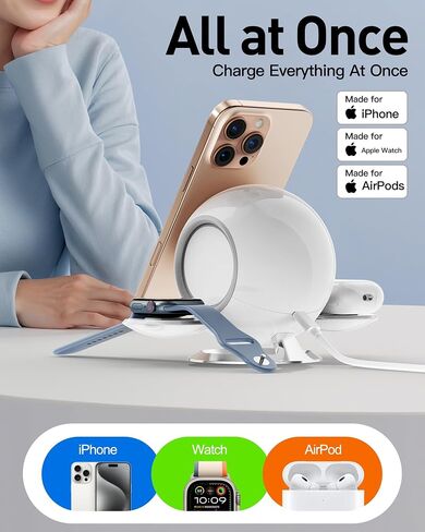 2025 3 في محطة شحن واحدة متوافقة مع MAG-Safe Charger iPhone الشحن اللاسلكي Stand 16 15 14 13 12 Series AirPods Wireless Charge Station IWATCH Series (White) in Saudi Arabia