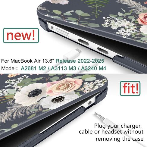DONGKE for M3 MacBook Air 13.6 Inch Case 2025 2024-2022 A3113 A2681 M2 Touch ID, Plastic Hard Shell & Keyboard Cover & Screen Protector & Type C Adapter for MacBook Air M2 13 inch, Florals in Saudi Arabia
