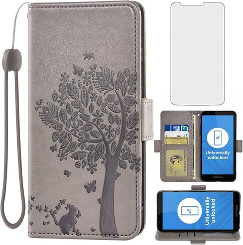 Asuwish Compatible with Moto E6 Wallet Case and Tempered Glass Screen Protector Flip Wrist Strap Card Holder Cell Phone Cover for Motorola MotoE6 E 6th Generation Gen Moto6E 6 6E XT2005-5 Men Gray in Saudi Arabia
