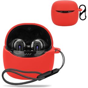 for JBL Tune Flex 2 Case Cover, Wireless Earphone Silicone Protective case (with Carabiner + Lanyard) Drop-Proof, Scratch-Proof, Shock-Proof, Reserved Charging Port, dust-Proof (Red)