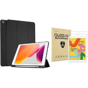 ProCase iPad 7th Generation Case 10.2" 2019 with Pencil Holder (Black) Bundle with 2 Pack iPad 10.2 7th Gen Tempered Glass Screen Protector