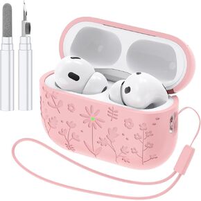 Compatible with AirPods Pro 2 Case USB C, Flower Engraved Cute Silicone Protective Case Cover for Airpods Pro 2nd Generation with Cleaner Kit and Lanyard for Women Girls