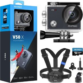 AKASO V50X Action Camera with MicroSDXC U3 Card and Quick Release Chest Strap Accessories Kit Bundle