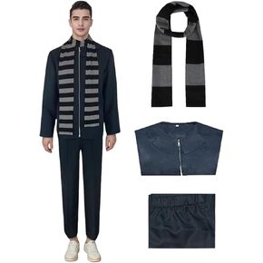 Gru Costume with Fake Nose Black Gray Striped Scarf Bald Cap Halloween Cosplay Accessories Set Outfit for Adult Men