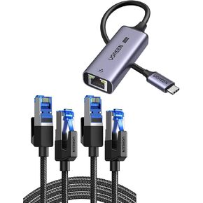 UGREEN 2 Pack Cat 8 Ethernet Cable 40Gbps 2000MHz High Speed with USB C to Ethernet Adapter 2.5G for MacBook, XPS, iPhone 15 Series & Gaming Consoles