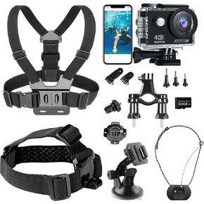 4K Action Camera with Car Suction Cup Mount/Head Strap Mount/Chest Harness/360° Rotating Helmet Base/Magnetic Holder/Bicycle Handlebar Stands