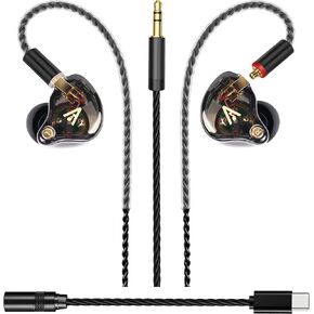 Vibes 202M HiFi Wired Earbuds with USB-C to 3.5mm Adapter – in-Ear Monitor Headphones w/Mic for Musicians, Audiophiles & Gamers – IEMs with Silver-Plated Cord, Carrying Case & USBC Headphone Adapter