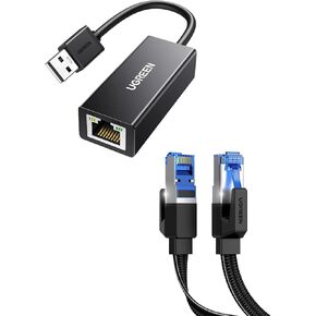 UGREEN USB to Ethernet Adapter 100 Mbps Bundle with Cat 8 Ethernet Cable 3FT Flat High Speed 40Gbps 2000Mhz Internet Cable