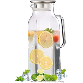 1.8 Liter Glass Pitcher with lid 60oz Glass Water Pitchers for Fridge Heat Resistant Glass Water Carafe with Handle for Party Water Jugs Tea pitcher Lemonade Iced Tea Jug Juice or Drinks