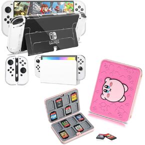 Clear Switch OLED Protective Case and Switch OLED Game Card Case Holder with 16 Game Cards Slots & 16 SD Cards Slots