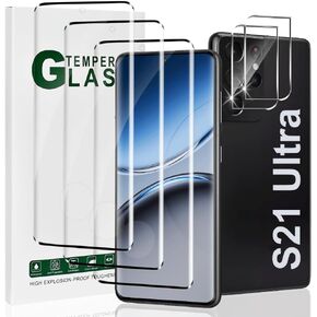 3 Pack Screen Protector for Samsung Galaxy S21 Ultra 6.8 Inch with 2 Pack Camera Lens Protector, Ultrasonic Fingerprint Compatible, Easy Installation, 3D Curved, 9H Tempered Glass Screen Protective