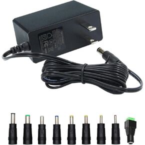 12V Power Supply, 12V 2A 24W Universal AC to DC Power Supply Adapter with 5.5mm x 2.1mm Tip and 9 Interchangeable Jacks Plug for LED Strip Lights, CCTV Cameras, Routers, Speakers and More, 1 Pack