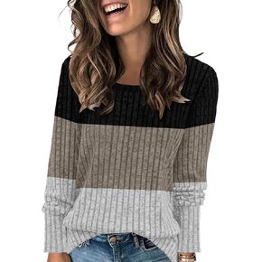 Fall Sweaters for Women Long Sleeve Crewneck Casual Shirts Loose Fit Color Block Tunic Tops(Light Green-White-Olive Green-0,M) in Kuwait