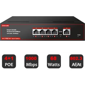 5 Ports PoE Switch, 4 Ports Gigabit PoE Switch with 1 Uplink Gigabit Port, Plug and Play with AI Detection VLAN Mode Unmanaged Ethernet Splitter Network Switch in Metal Case, Red / Black