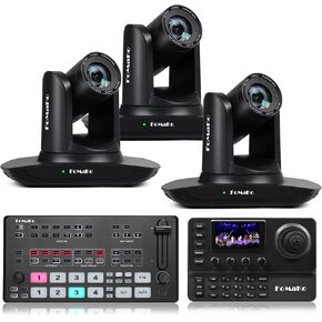 FoMaKo AI Auto Tracking HDMI PTZ Camera, 20x Optical Zoom(3pcs), KC606 PTZ Controller, M1 Video Mixer Switcher, for Church Services Worship Education,PTZ Bundle(FMK12UH Pro(20x)-B X3+M1+KC606)