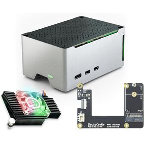 علبة electrocookie Raspberry Pi 5 ، علبة مضغوطة من الألومنيوم مع قبعة M.2 NVME SSD PCIe وبرودة إضاءة RGB النشطة (العلبة السوداء + M.2 [ECR5 SSDs])