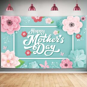 KatchOn, Happy Mother's Day Banner - 72x44 Inch, Pastel Teal | Mothers Day Decorations | Cloth Fabric Material, Includes White Ribbon (32 Feet)