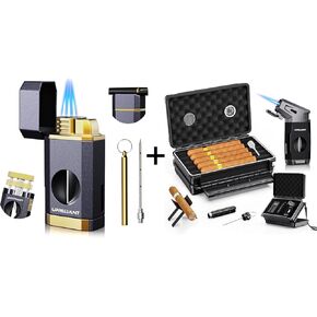 Triple Flame Torch Lighter with Travel Cigar Humidor Case Set