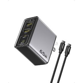 PISEN 65W USB C Charger - 4-Port GaN Fast Charging Block Type C Charger Fast Charging Wall Plugs with 4FT C to C Cable for MacBook Pro/Air, iPhone 16/15/14, iPad Pro, Galaxy S24, Pixel 8, Steam Deck