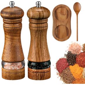 Wooden Salt and Pepper Grinder Set with Tray, 8 Inch Manual Salt & Pepper Shakers with Adjustable Coarseness, Salt and Pepper Mills