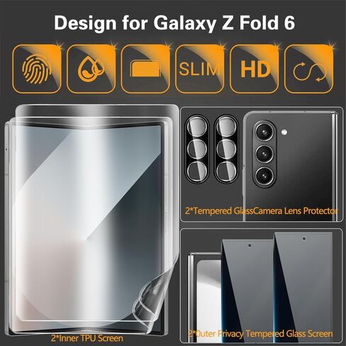 Privacy Screen Protector for Samsung Galaxy Z Fold 6, 2 Anti-Spy Front Tempered Glass + 2 Inner Flexible TPU Films + 2 Camera Lens Protecters No Bubble, Anti-Scratch, Saver Film in Saudi Arabia