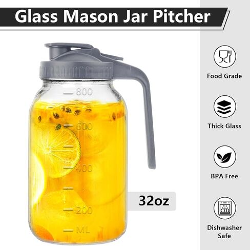 64 oz Glass Pitcher with Lid-2 Quart Mason Jar Pitcher, Wide Mouth Jar Leak-proof Water Jug, Heavy Duty Glass Container for Water, Juice, Milk, Tea, Iced Coffee in Kuwait