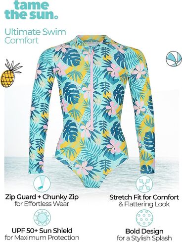 Tame the Sun Long Sleeve Swimsuit for Girls, UPF 50+, Ages 3-12 - Frills, One Piece Rash Guard Girls Bathing Suit in Kuwait