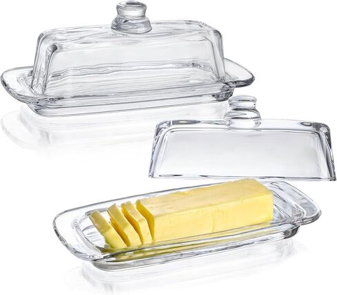 Set of Two 8" Glass Butter Dish with Lid Glass 2-pieces Covered Butter Dishes Serving Dish for Butter Clear Butter Keeper Containers for Home Kitchen Dishwasher Safe in Saudi Arabia