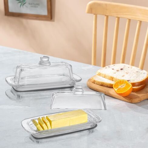 Set of Two 8" Glass Butter Dish with Lid Glass 2-pieces Covered Butter Dishes Serving Dish for Butter Clear Butter Keeper Containers for Home Kitchen Dishwasher Safe in Saudi Arabia