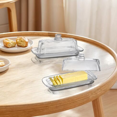 Set of Two 8" Glass Butter Dish with Lid Glass 2-pieces Covered Butter Dishes Serving Dish for Butter Clear Butter Keeper Containers for Home Kitchen Dishwasher Safe in Saudi Arabia