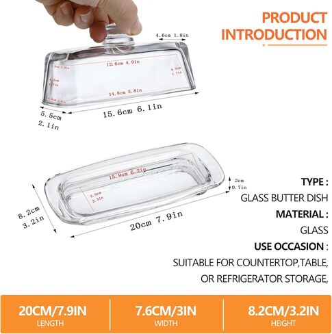 Set of Two 8" Glass Butter Dish with Lid Glass 2-pieces Covered Butter Dishes Serving Dish for Butter Clear Butter Keeper Containers for Home Kitchen Dishwasher Safe in Saudi Arabia