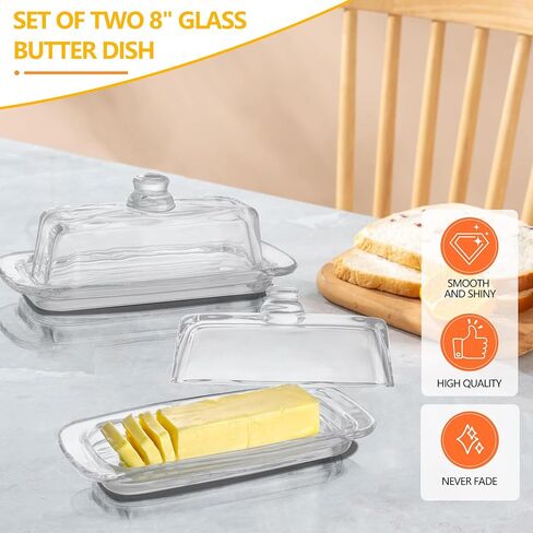 Set of Two 8" Glass Butter Dish with Lid Glass 2-pieces Covered Butter Dishes Serving Dish for Butter Clear Butter Keeper Containers for Home Kitchen Dishwasher Safe in Saudi Arabia