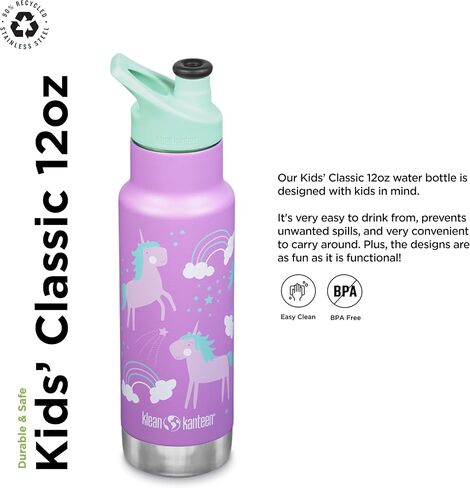 Klean Kanteen Vac Kid Classic Narrow 12oz من الفولاذ المقاوم للصدأ (مع غطاء رياضي) وحيد القرن in Kuwait