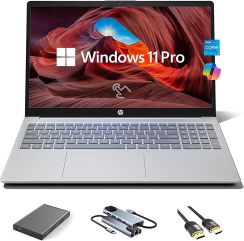 HP 15.6" HD Touchscreen Laptop, 10-Core Intel Core i5-1235U, 32GB RAM, 1TB SSD + 500GB Portable Storage Hub, KeyPad, Webcam, USB-C, HDMI, Win 11 Pro, Natural Silver in Kuwait
