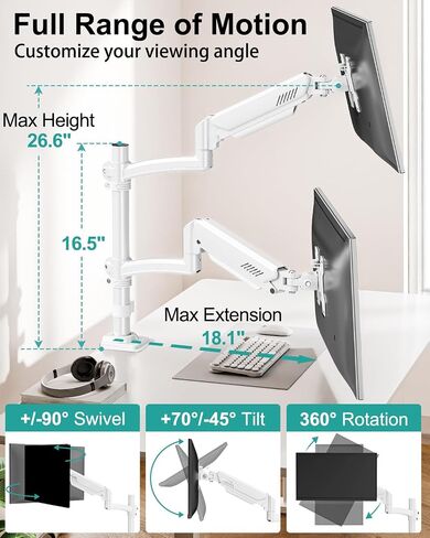 Dual Monitor Stand for Desk, Taller Monitor Arms for 2 Screens up to 32 inch, Ergonomic Adjustable Gas Spring Double Computer Monitor Mount, Holds 4.4-22lbs, VESA 75/100mm, Black, Freelift in Saudi Arabia