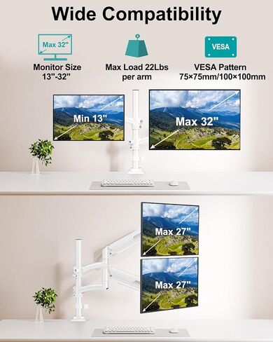 Dual Monitor Stand for Desk, Taller Monitor Arms for 2 Screens up to 32 inch, Ergonomic Adjustable Gas Spring Double Computer Monitor Mount, Holds 4.4-22lbs, VESA 75/100mm, Black, Freelift in Saudi Arabia