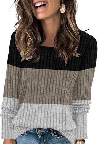 Fall Sweaters for Women Long Sleeve Crewneck Casual Shirts Loose Fit Color Block Tunic Tops(Light Green-White-Olive Green-0,M) in Kuwait